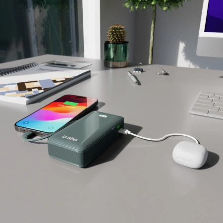 Powerbank SBS 10000 mAh 20W z wbudowanym kablem USB-C i wyświetlaczem cyfrowym - szary