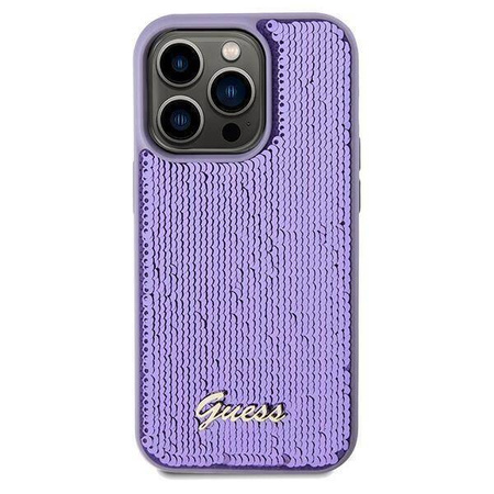 Etui Guess Sequin Script Metal na iPhone 14 Pro Max - fioletowe