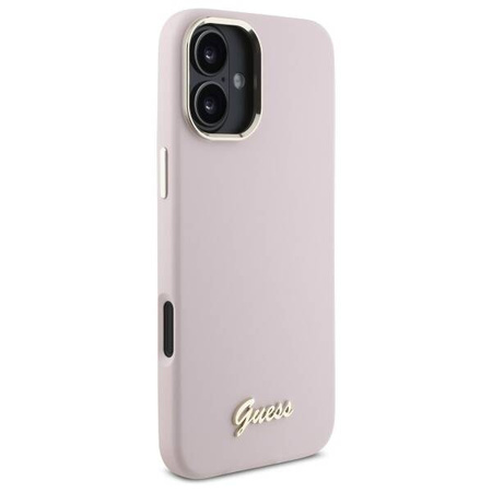 Original Handyhülle IPHONE 16 Guess Hardcase Silicone Script Metal Logo & Frame (GUHCP16SSMBSLP) rosa