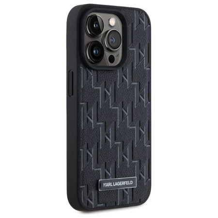 Original Handyhülle IPHONE 15 PRO Karl Lagerfeld Hardcase Leather Monogram Metal Logo MagSafe (KLHMP15LPKHPORPK) schwarz
