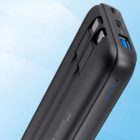 Choetech B654 10000 mAh 22,5 W USB-A/USB-C/Micro-USB-Powerbank mit integriertem USB-C/ Lightning Kabel – Schwarz