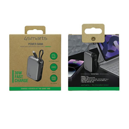 4smarts Powerbank Pocket 10000mAh 30W z wbudowanym kablem USB-C 15cm space grey 540699