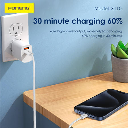 Foneng Kabel X110 - Typ C na Typ C - PD 60W 3A 1,2 metr biały