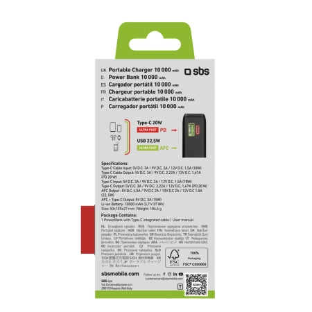 Powerbank SBS 10000 mAh 20W with built-in USB-C cable and digital display - black