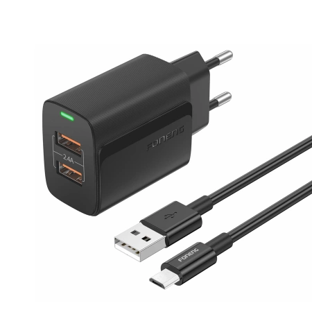 FONENG Netz-Ladegerät EU63 2.4A 12W 2xUSB + Kabel Micro schwarz