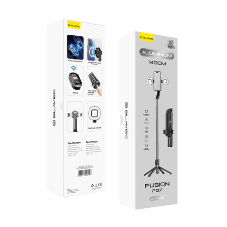 Blavec Selfie Stick Aluminium Fusion P07 Magsafe tripod + pilot + 2 lampy 1,4 metra (SSFP07-MTR2LB14) czarny