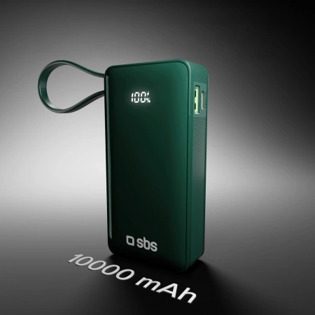 Powerbank SBS 10000 mAh 20W with built-in USB-C cable and digital display - green