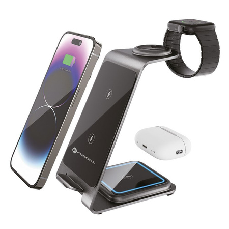 Ładowarka indukcyjna Forcell F-Energy 3w1 Simply Charge kompatybilna z Apple Watch i Samsung Watch szara