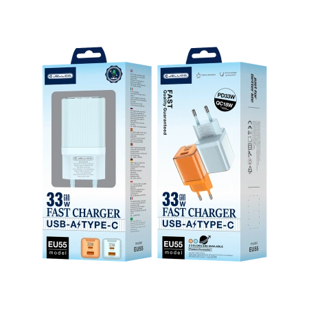 JELLICO Netz-Ladegerät EU55 GaN PD 33W 1xUSB-C + 1xUSB QC3.0 blau