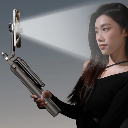 Wozinsky Selfie stick WH181D-Y1S teleskopowy statyw 1.75m ze stopu aluminium z podwójną lampą i uchwytem na telefon - czarny