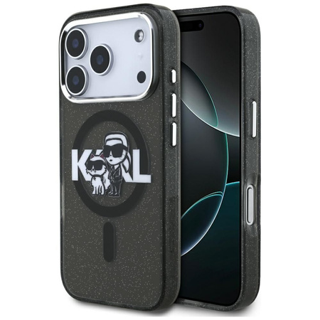 Karl Lagerfeld nakładka Magsafe IML glitter case metal camera frame and buttons Karl and Choupette sketch logo do iPhone 17 Pro transparentna