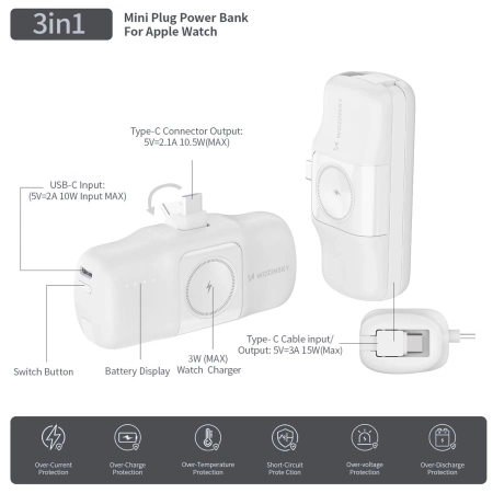 Wozinsky WF16-YCS 5000 mAh 15 W USB-C Mini-Powerbank mit integriertem USB-C-Kabel und Apple Watch Ladegerät – Weiß