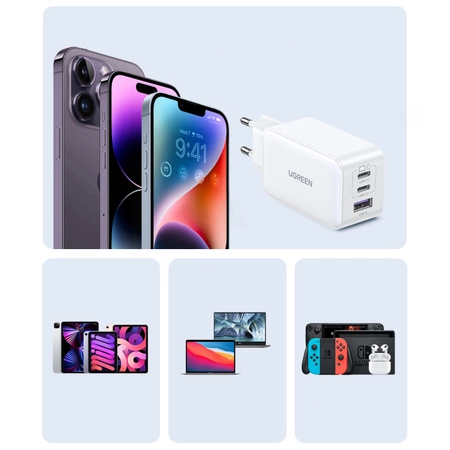 Szybka ładowarka sieciowa GaN Ugreen CD244 65W USB-A / 2x USB-C - biała