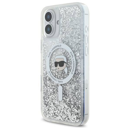 Original Handyhülle IPHONE 16 PLUS Karl Lagerfeld Hardcase Liquid Glitter Karl Head MagSafe (KLHMP16MLGKISGH) transparent