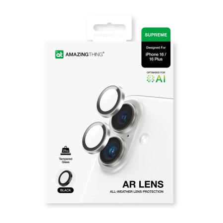 AmazingThing AR Aluminum 2 Lens Glass with Camera Lens Frame for iPhone 16 / 16 Plus - Black