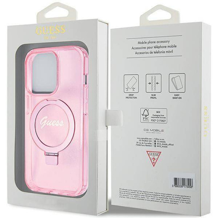 Guess Ring Stand Script Glitter MagSafe-Hülle für iPhone 15 Pro – Rosa