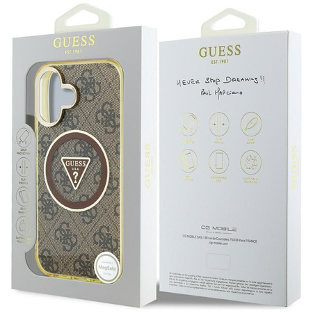 GUESS futerał do IPHONE 16 kompatybilny z MagSafe GUHMP16SHG4PRTGW (IML Metal Glitter 4G Circle Triangle) brązowy