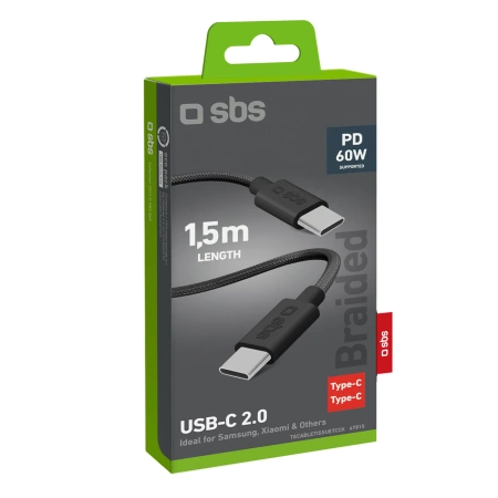 Kabel SBS TECABLETISSUETCCK USB-C - USB-C 1,5m 60W w oplocie - czarny