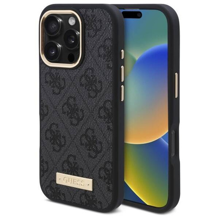 Original Handyhülle IPHONE 16 PRO MAX Guess Hardcase 4G Logo Plate MagSafe (GUHMP16XU4GPRK) schwarz