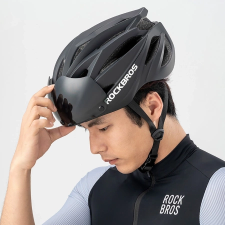 Rockbros Fahrradhelm mit Visier, abnehmbarer UV-Schutzbrille, Unisex – Schwarz