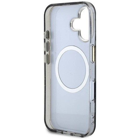 Case IPHONE 16 Guess Glitter Flowers Triangle Buttons MagSafe black