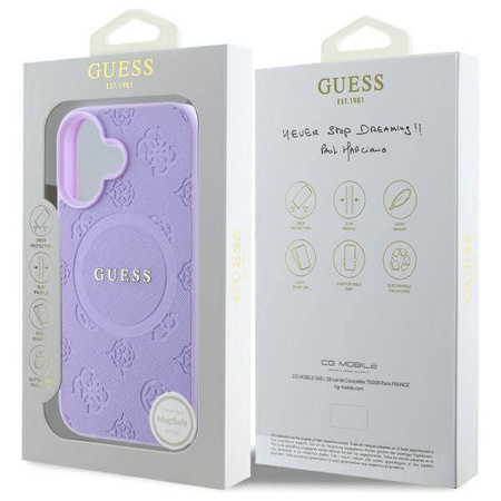 Original Handyhülle IPHONE 16 PLUS Guess Hardcase Saffiano Peony Classic Logo MagSafe (GUHMP16MPSAPSMEU) violett