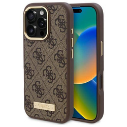 Original Handyhülle IPHONE 16 PRO MAX Guess Hardcase 4G Logo Plate MagSafe (GUHMP16XU4GPRW) braun
