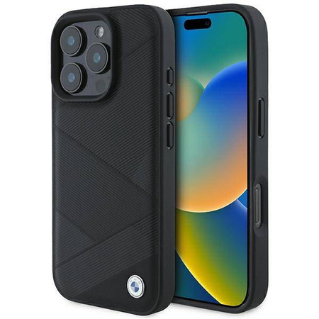 Original Case IPHONE 16 PRO BMW Hardcase Signature Leather Crossing Lines Pattern (BMHCP16L23RCGPK) black