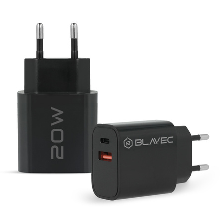 Blavec Ładowarka sieciowa BC2 - USB + Typ C - QC 3.0 PD 20W z kablem Typ C na Typ C (TCBC2-UCB20+CC) czarna
