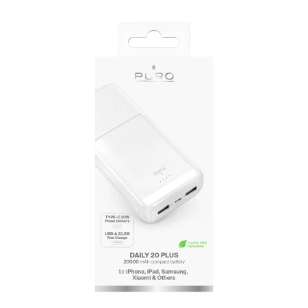 Powerbank Puro DAILY 20 PLUS 20000mAh 2x USB-A / 1x USB-C 22.5W PD AFC - biały