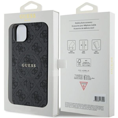 Guess 4G Collection MagSafe-Hülle aus Leder und Metalllogo für iPhone 14/15/13 – Schwarz
