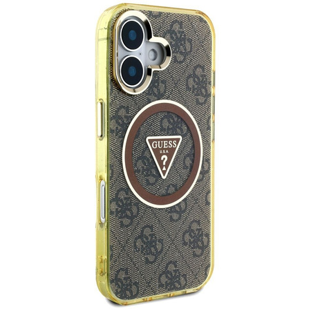 GUESS futerał do IPHONE 16 kompatybilny z MagSafe GUHMP16SHG4PRTGW (IML Metal Glitter 4G Circle Triangle) brązowy