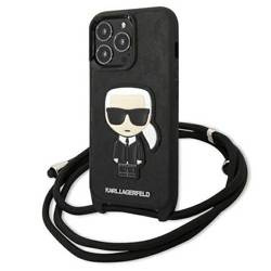 Original Handyhülle IPHONE 13 PRO Karl Lagerfeld Hardcase Leather Monogram Patch And Cord Iconik (KLHCP13LCMNIPK) schwarz
