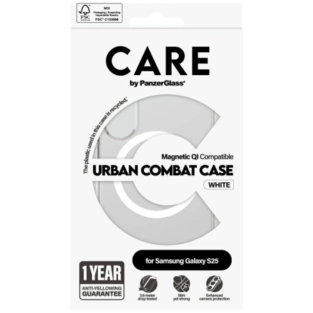 CARE by PanzerGlass Flagship Urban Combat White QI-Hülle für Samsung Galaxy S25 – transparent