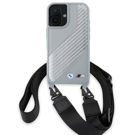 Original Handyhülle IPHONE 16 BMW Hardcase M Edition Carbon Stripe & Strap (BMHCP16S23PSCCG) grau