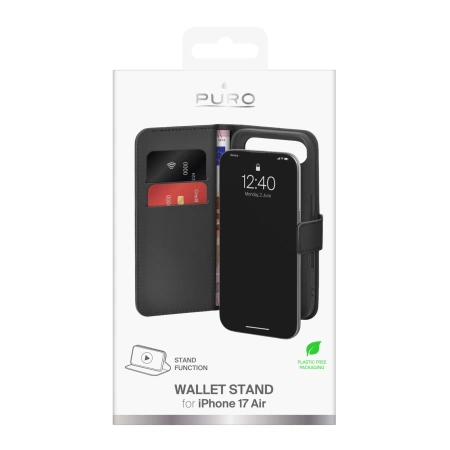 Etui Puro Wallet Stand na iPhone 17 Air z ekoskóry, z klapką, portfelem i funkcją podstawki - czarne