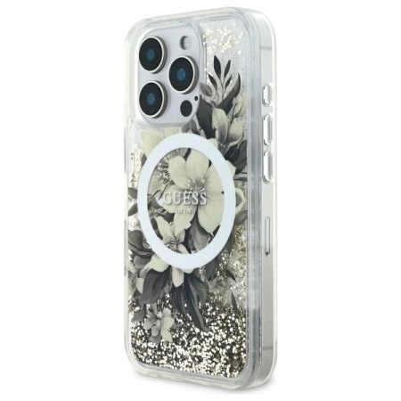 Guess Liquid Glitter Flower MagSafe-Hülle für iPhone 16 Pro – Beige
