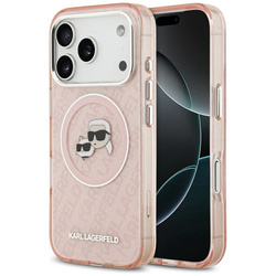 Karl Lagerfeld nakładka Magsafe IML glitter case metal camera frame and buttons Karl and Choupette heads on KL repeated logo do iPhone 17 Pro różowa