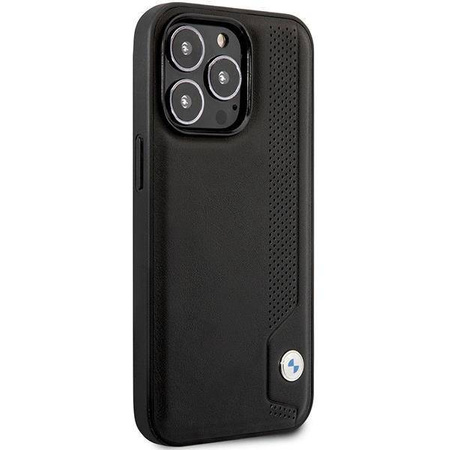 Oryginalne Etui IPHONE 14 PRO BMW Hardcase Leather Blue Dots (BMHCP14L22RBDK) czarne