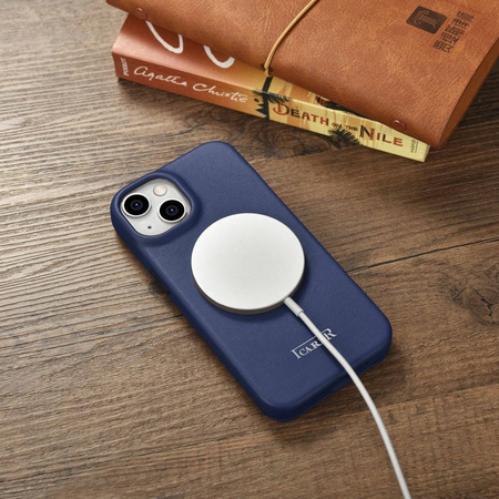 iCarer CE Premium Leather Folio Case skórzane etui iPhone 14 Plus z klapką magnetyczne MagSafe niebieski (WMI14220715-BU)