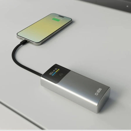 Powerbank SBS 10000mAh PD 20W z wyświetlaczem LCD i wbudowanym kablem USB-C - szary