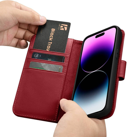 iCarer Wallet Case 2in1 etui iPhone 14 Pro Max skórzany pokrowiec z klapką Anti-RFID czerwony (WMI14220728-RD)