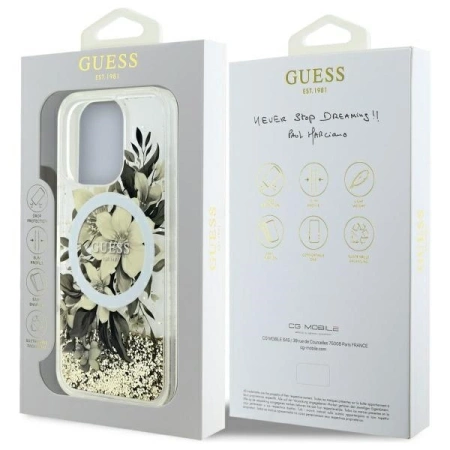Guess Liquid Glitter Flower MagSafe-Hülle für iPhone 16 Pro – Beige