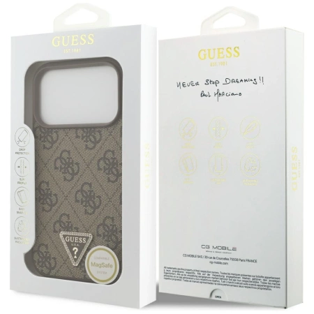 Guess Leather 4G Triangle Strass MagSafe Case für iPhone 17 Pro - Braun
