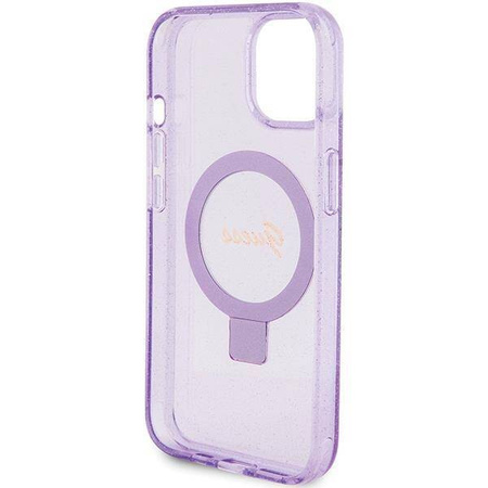 Guess Ring Stand Script Glitter MagSafe case for iPhone 15 Plus / 14 Plus - purple