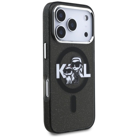 Karl Lagerfeld nakładka Magsafe IML glitter case metal camera frame and buttons Karl and Choupette sketch logo do iPhone 17 Pro transparentna