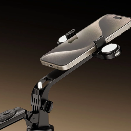 Wozinsky Selfie stick WH181D-Y1S teleskopowy statyw 1.75m ze stopu aluminium z podwójną lampą i uchwytem na telefon - czarny