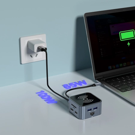 Hub USB-C 12 w 1 Wozinsky WHBC09Y8S wielofunkcyjny,z funkcją ładowania bezprzewodowego, aluminiowy, z kablem 15 cm - szary