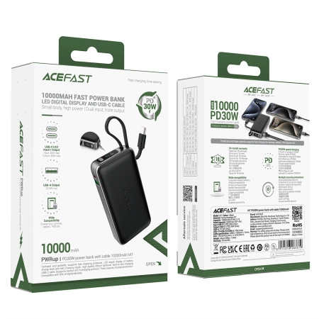 Acefast M7-10000 PD30W Powerbank mit integriertem Kabel – Schwarz