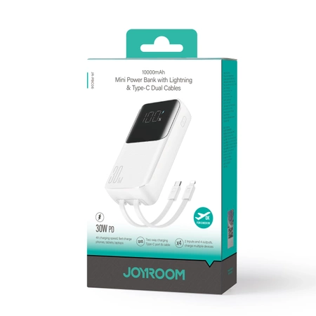 Mini powerbank Joyroom JR-PBC06 z wbudowanymi kablami USB-C / Lightning 30W 10000mAh - biały